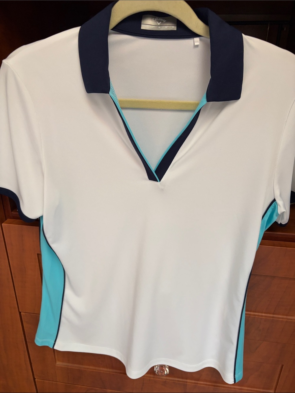 Callaway White Polo with Navy Collar and Aqua Side Panels